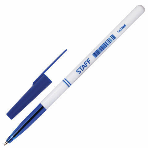 Ручка шариковая STAFF &quot;Офисная&quot;, СИНЯЯ, корпус белый, узел 0,7 мм, линия письма 0,35 мм, 142286