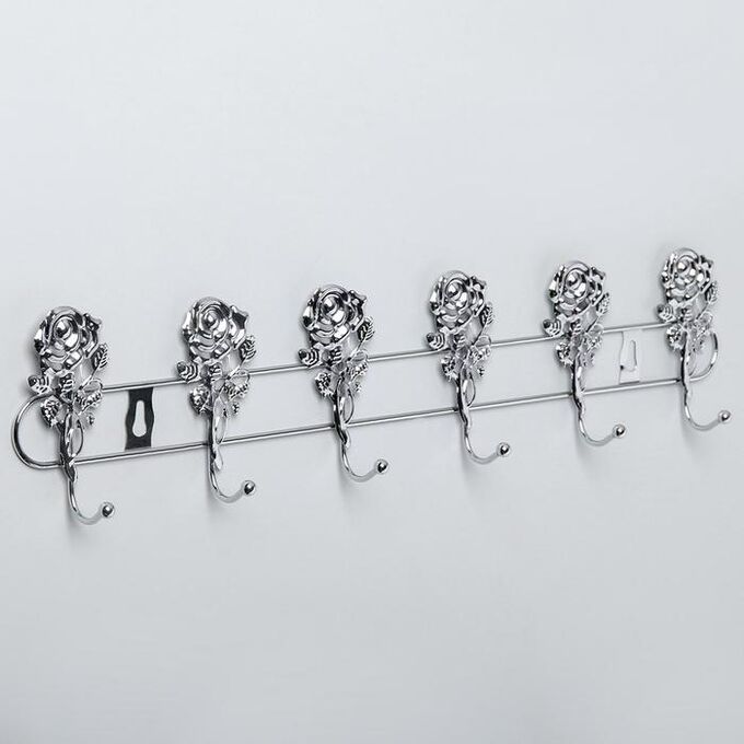 Вешалка настенная на 6 крючков Доляна «Розы», 34x3x9 см, цвет серебро