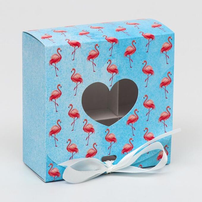 Подарочная коробка сборная с окном &quot;Фламинго на голубом&quot;, 11,5 х 11,5 х 5 см