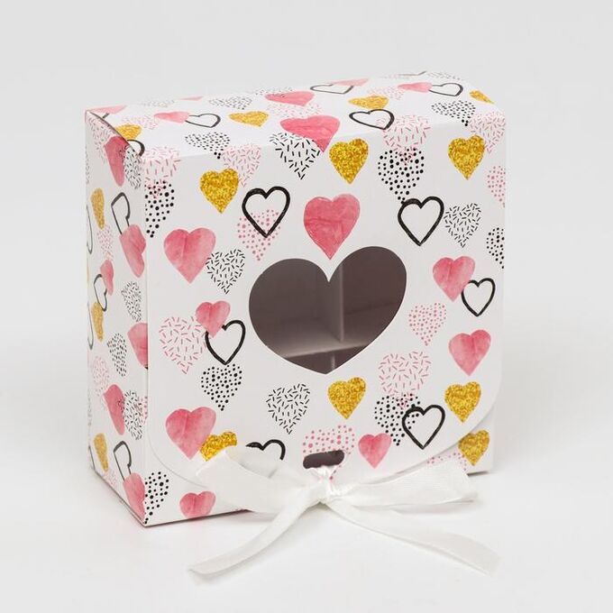 Подарочная коробка сборная с окном &quot;Разноцветные сердечки&quot;, 11,5 х 11,5 х 5 см