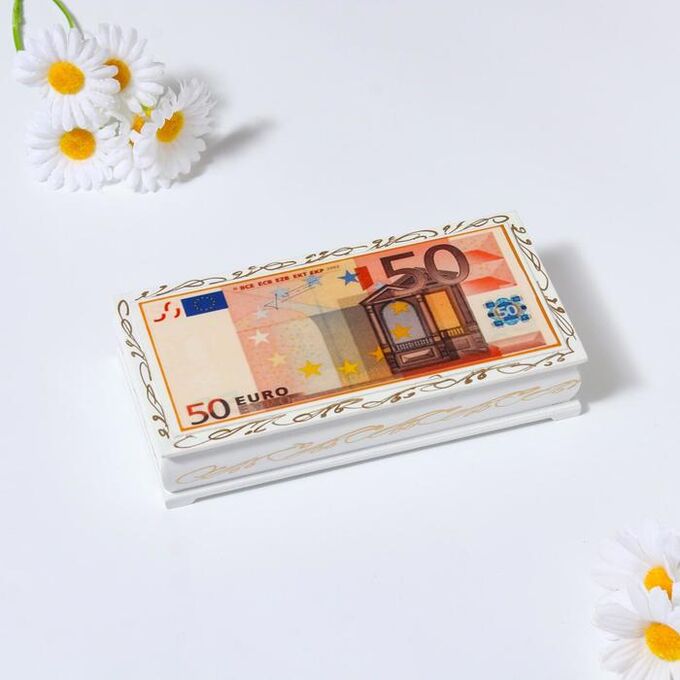 Шкатулка - купюрница «50 евро», белая, 8,5*17 см, лаковая миниатюра