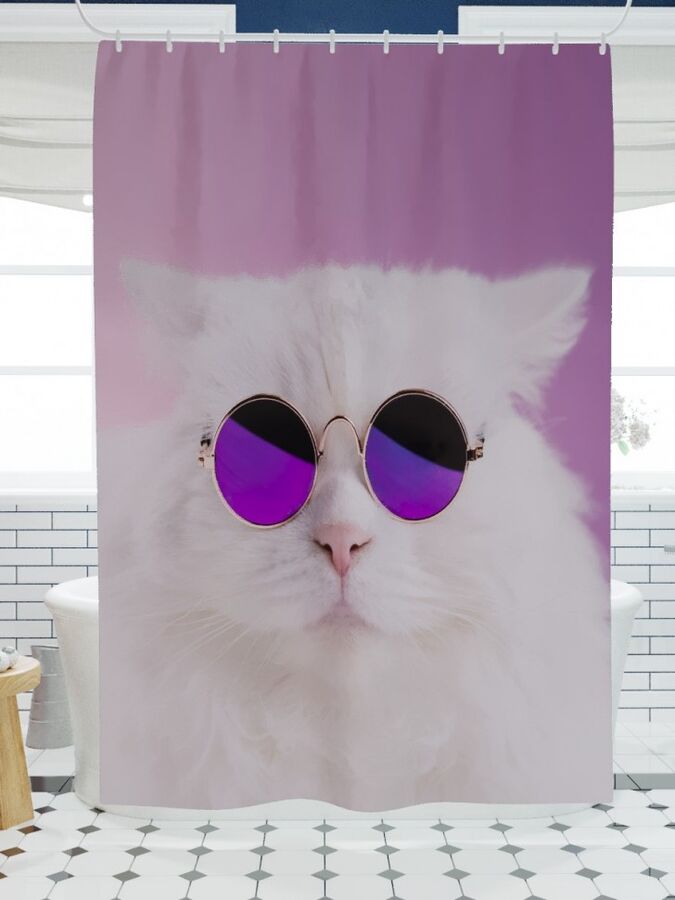 Фотоштора для ванной Белый котик