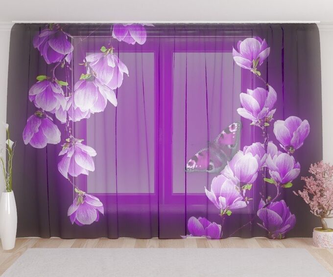 Фототюль Цветы магнолии на пурпурном фоне