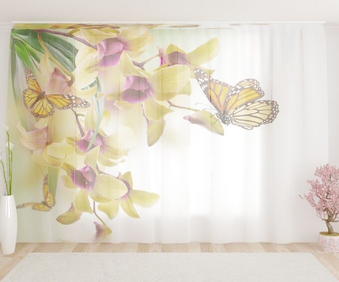 Фототюль Желтые бабочки на орхидеях