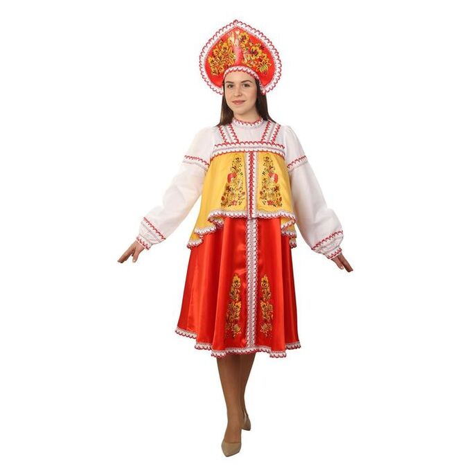 Страна карнавалия Русский костюм: платье с отлетной кокеткой, кокошник, красно-желтый, р.44 рост 170