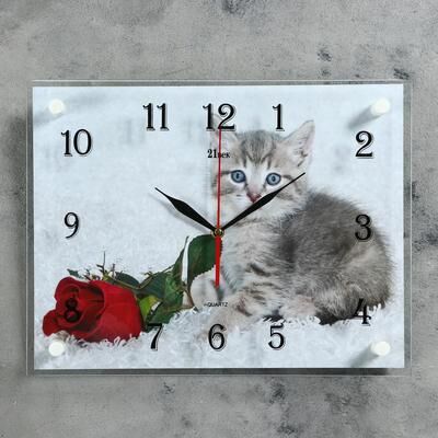 Часы настенные, серия: Животный мир, &quot;Котенок и роза&quot;, 30х40 см
