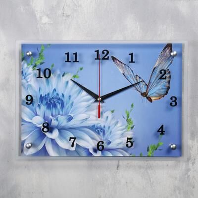 Часы настенные, серия: Цветы, &quot;Голубые цветы и бабочка&quot;, 25х35 см, микс