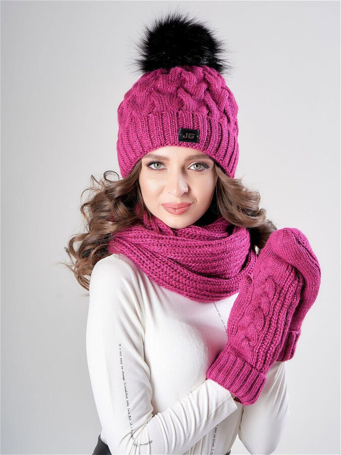 JAGGA /  Вязаный зимний комплект Марина с градиентом: вязаная шапка женская зимняя с помпоном, варежки и снуд