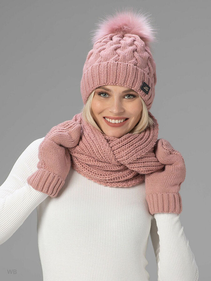 JAGGA  Вязаный зимний комплект Марина с градиентом: вязаная шапка женская зимняя с помпоном, варежки и снуд