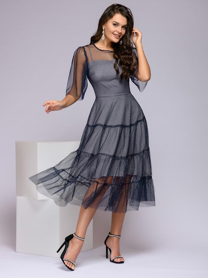 1001 Dress Платье темно-синее длины миди с объемными рукавами и серебряным напылением
