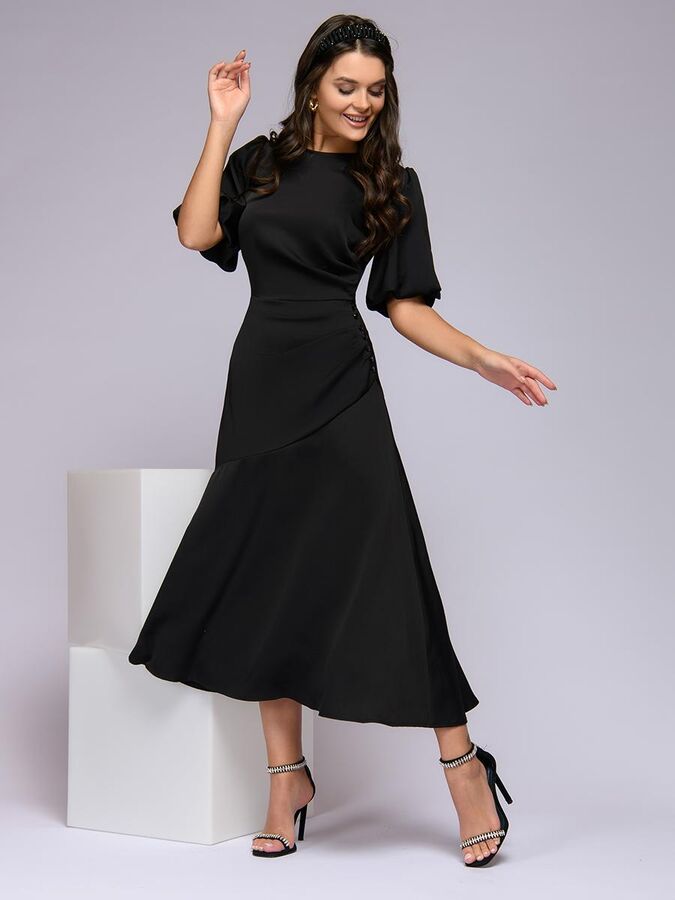 1001 Dress Платье черное длины миди с декоративной драпировкой