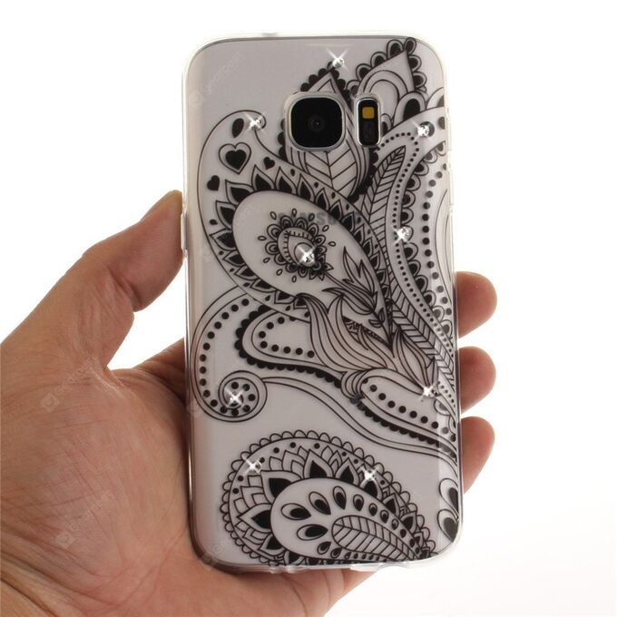 Черный цветок. Чехол силиконовый со стразами прозрачный на телефон Samsung Galaxy