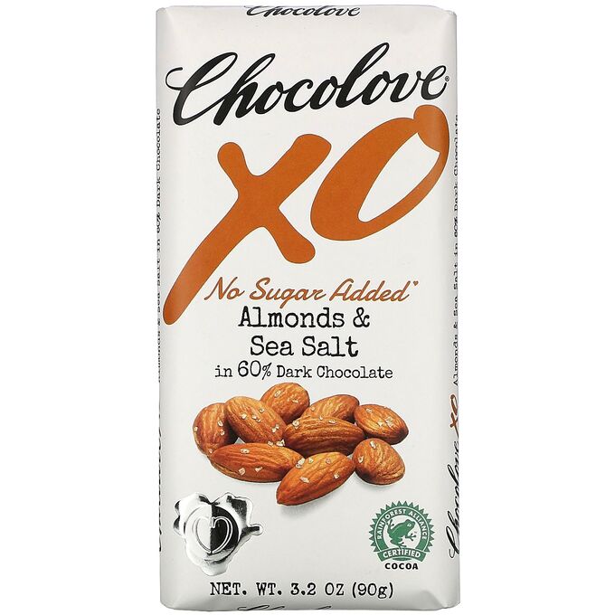 Chocolove, XO, Миндаль и морская соль в 60% - ном темном шоколадном батончике, 3,2 унции (90 г)
