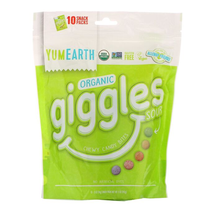 YumEarth, Organic Giggles Sour, 10 Упаковок Закусок по 5 унций (14 г) Каждая