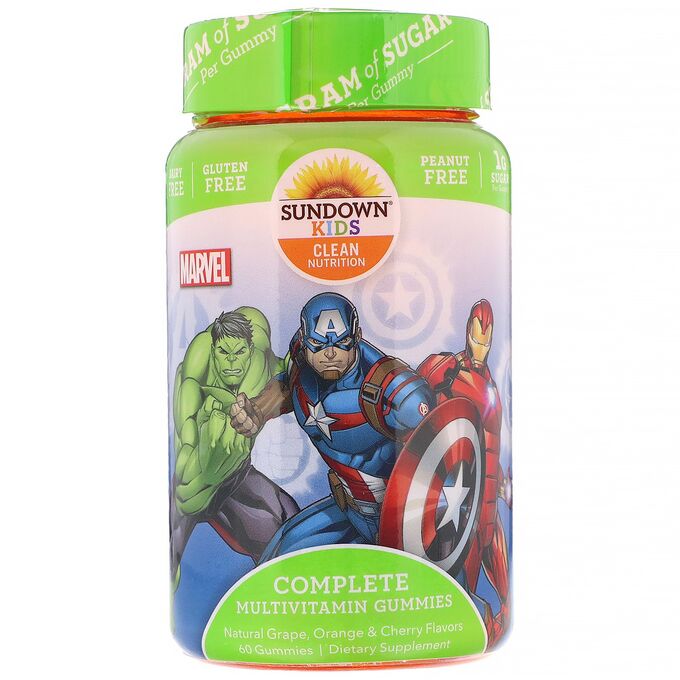 Sundown Naturals Kids, Жевательные конфеты с полноценным комплексом витаминов, «Marvel Avengers», натуральные ароматизаторы со вкусом винограда, апельсина и вишни, 60 жевательных конфет