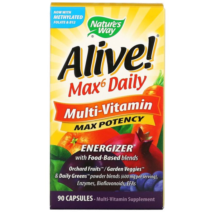 Nature&#039;s Way, Alive! Max6 Daily, мультивитамины для ежедневного использования, 90 капсул