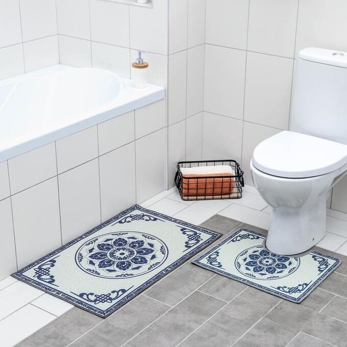 Набор ковриков для ванной и туалета  «Адиса», 2 шт: 50?78 см, 40?50 см, цвет синий