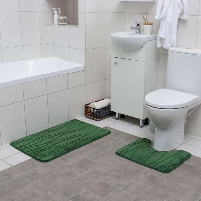 Набор ковриков для ванны и туалета  «Водоросли», 2 шт: 40?50, 50?80 см, цвет зелёный