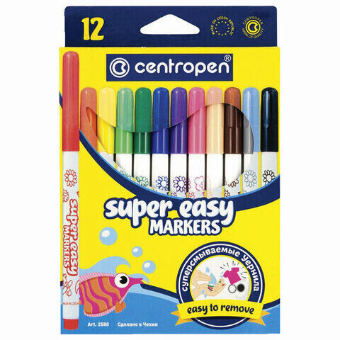 Фломастеры 12 ЦВЕТОВ CENTROPEN &quot;Super Easy&quot;, смываемые, вентилируемый колпачок, 2580/12KK, 7 2580 1285