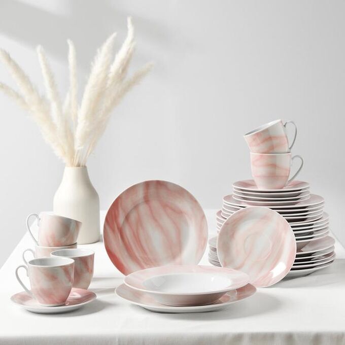 Сервиз столовый  «Мрамор»,24 предмета: тарелки 19/21?3,5/24 см, чайная пара 200 мл, цвет розовый