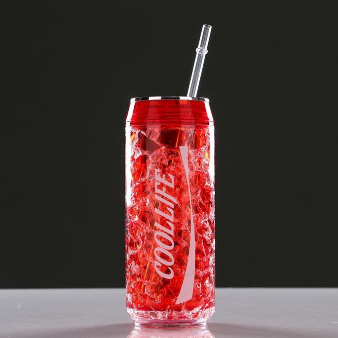 Охлаждающий стакан 300 мл Coollife, сохраняет холод 2 ч, 7х18.5 см, (+ трубочка) красн.