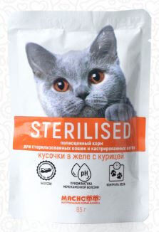 Мяснофф Sterilised влажный корм для стерилизованных кошек Аппетитные кусочки с Курицей в желе 85гр пауч