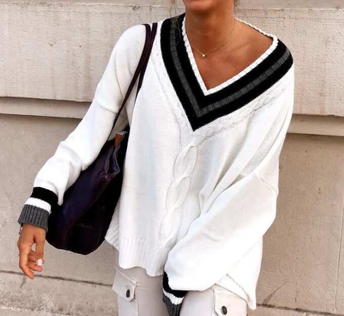 Женский свитер с V-образным вырезом, цвет белый
