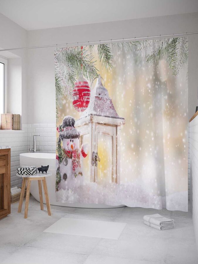 Штора (занавеска) для ванной «Веселый снеговик под елкой» из ткани, 180х200 см с крючками