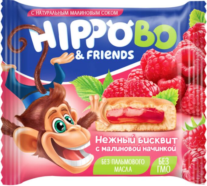 Бисквитное пирожное HIPPO BO &amp; friends с малиновой начинкой, 32г ЦЕНА ЗА УПАКОВКУ 12 ШТ!