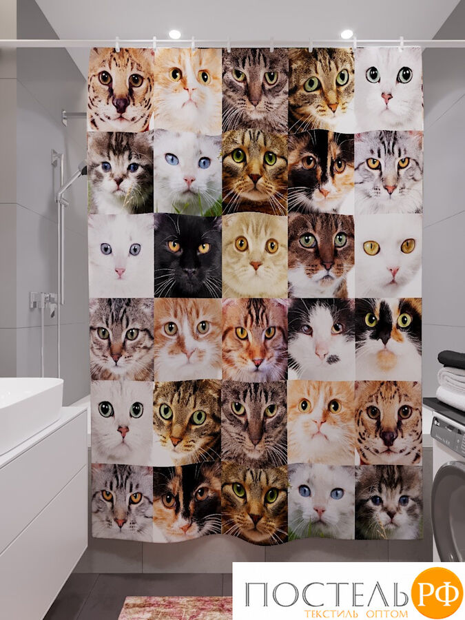 Фотоштора для ванной (джордан 180х200 см - 1 шт) Мордочки кошек