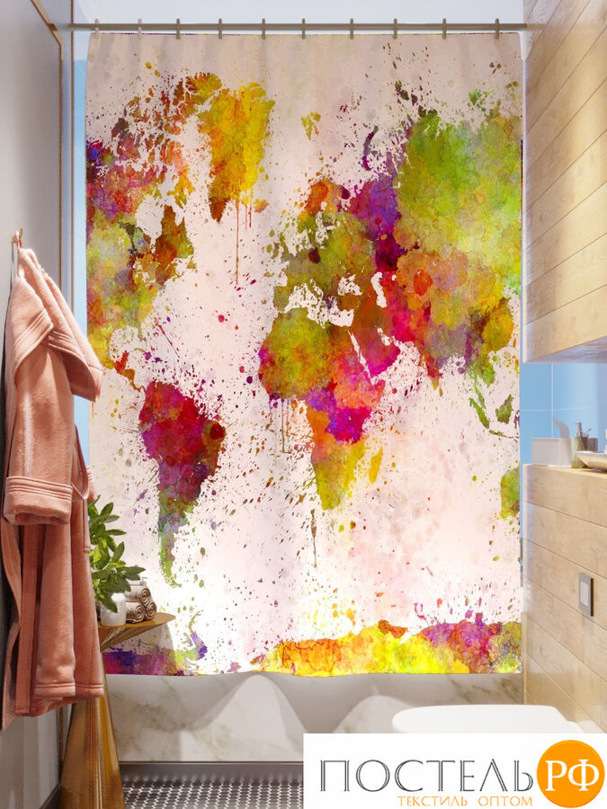Фотоштора для ванной (джордан 180х200 см - 1 шт) Цветная карта мира