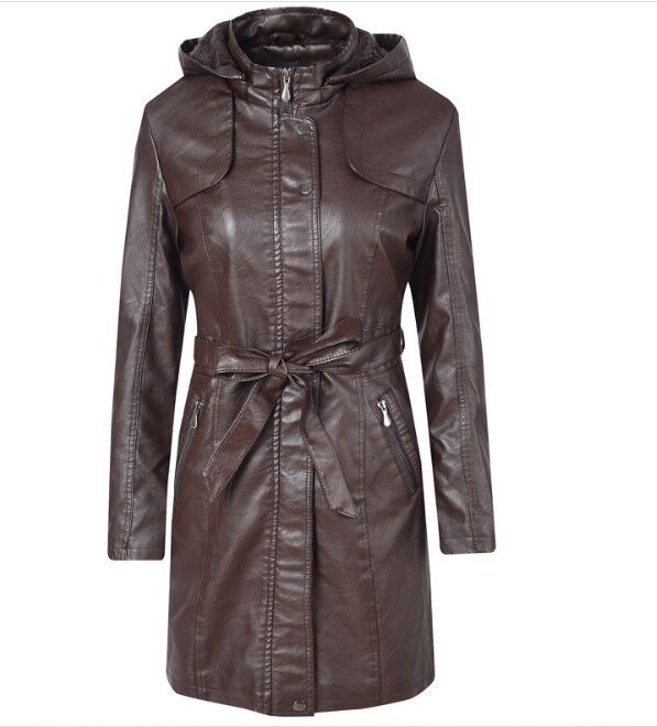 Женская удлиненная куртка из эко-кожи, утепленная, с капюшоном, цвет темно-коричневый