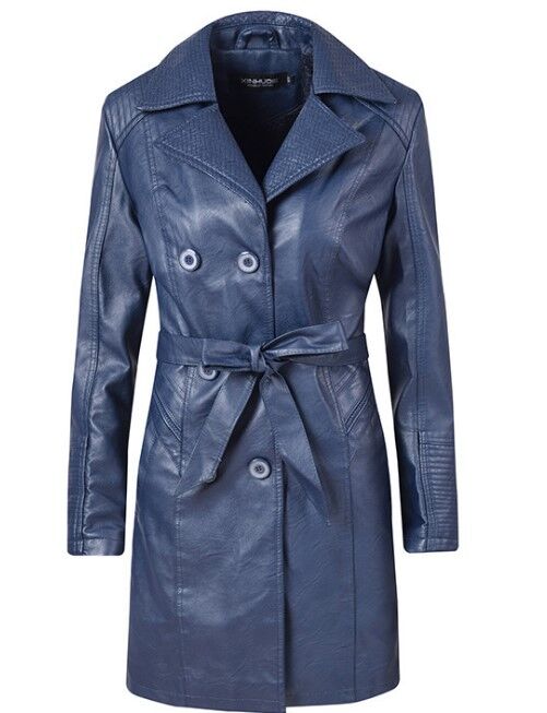 Женская удлиненная куртка из эко-кожи, утепленная, на пуговицах, цвет синий