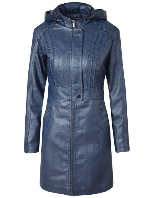 Женская удлиненная куртка из эко-кожи, утепленная, на молнии, цвет синий