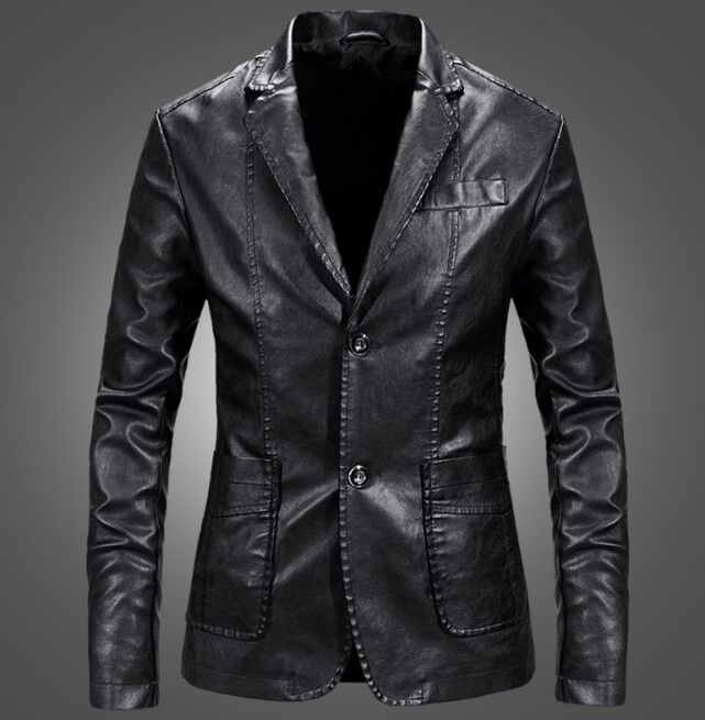 Мужская куртка-пиджак из эко-кожи, на пуговицах, цвет черный