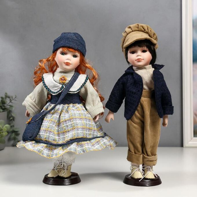 Кукла коллекционная парочка набор 2 шт &quot;Злата и Сева в синих нарядах в полосочку&quot; 30 см