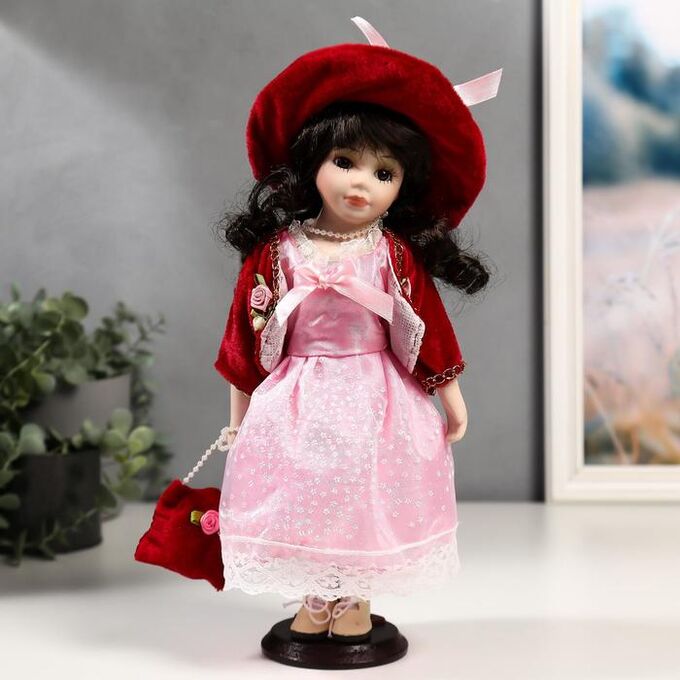 Кукла коллекционная керамика &quot;Таисия в розовом платье и красном кардигане&quot; 30 см