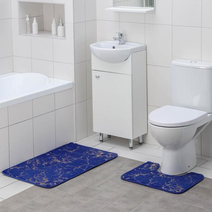 Набор ковриков для ванны и туалета Доляна «Мрамор», 2 шт: 40?50, 50?80 см, цвет синий