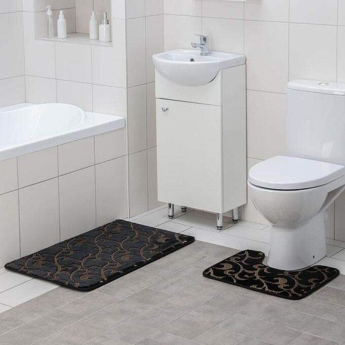 Набор ковриков для ванны и туалета  «Вензель», 2 шт: 40?50, 50?80 см, цвет чёрный
