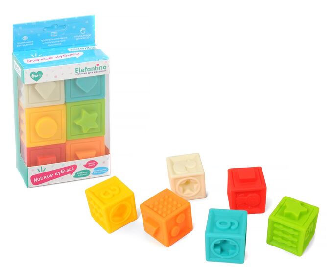 Мягкие кубики 6 шт. &quot;Elefantino&quot; с выпуклыми элементами, яркие цвета, в/к 11*6,4*16 см.