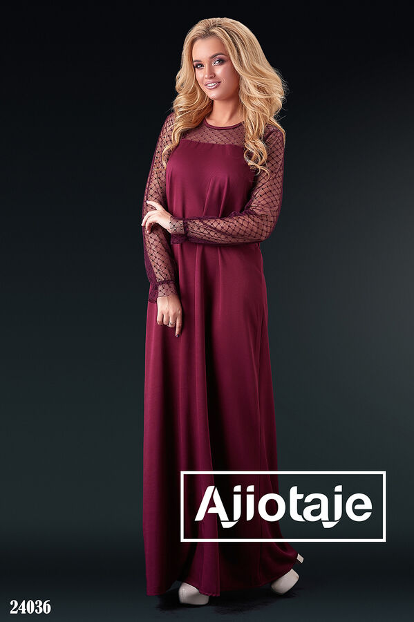 Ajiotaje Платье в пол цвета марсала с рукавом из сеточки