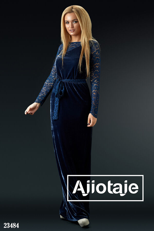 Ajiotaje Темно-синее бархатное платье в пол с пояском
