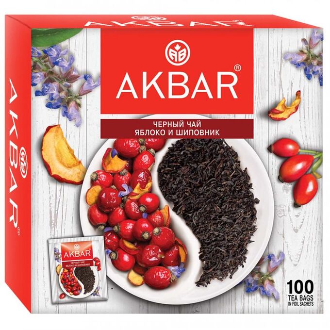 Чай черный Яблоко и Шиповник Акбар Akbar, 100 пак.