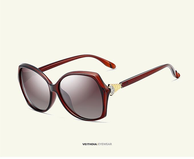 Женские солнцезащитные очки стрекоза в защитном чехле с надписью &quot;Veithdia&quot;, коричневые линзы, коричнево-красная  оправа, коричнево-красные дужки с декоративным золотым элементом на шарнире