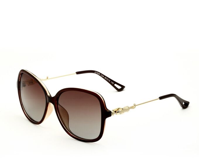Женские солнцезащитные очки стрекоза в защитном чехле с надписью &quot;Veithdia&quot;, коричневые линзы, коричнево-красная  оправа, золотистые дужки с декоративным золотым элементом на шарнире в виде леопарда