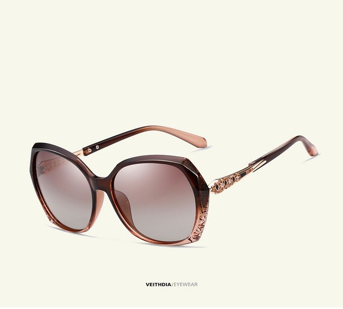 Женские солнцезащитные очки стрекоза в защитном чехле, коричневые линзы, коричневая оправа, дужки с интересным узором, коричневые заушники