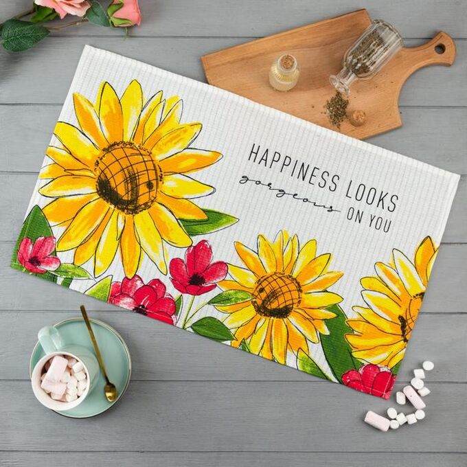 FoodVibes Полотенце кухонное Доляна Happiness looks 35х60 см, 100% хлопок, 160г/м2