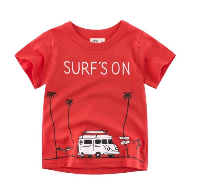 Футболка детская, принт &quot;Автомобиль на пляже&quot;, надпись &quot;Surf`s on&quot;, цвет красный