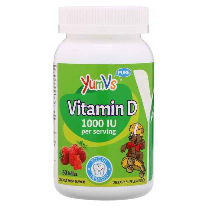 YumV&#039;s, Витамин D, со вкусом малины, 1000 МЕ, 60 желейных мишек