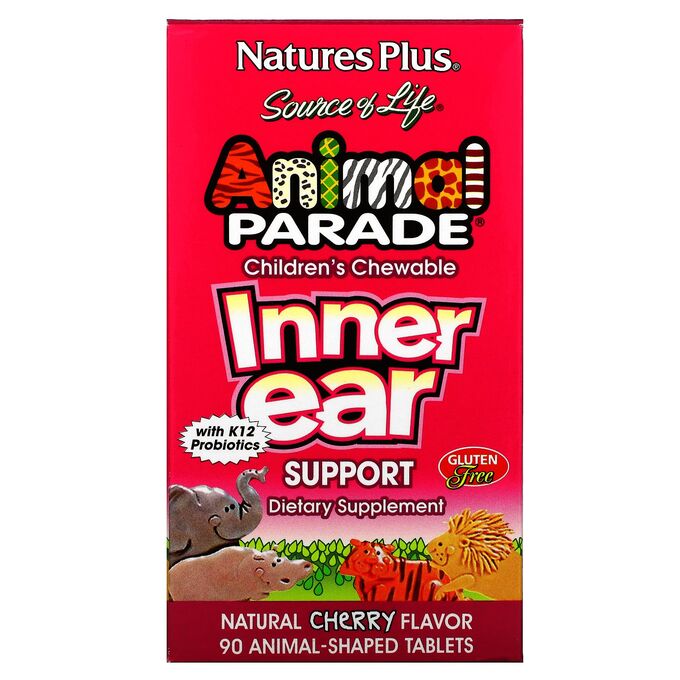 Nature&#039;s Plus, Source of Life, Animal Parade, детские жевательные таблетки для поддержания здоровья внутреннего уха, со вкусом натуральной вишни, 90 таблеток в форме животных